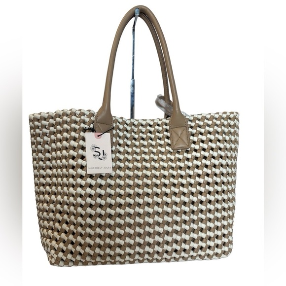 Sincerely Jules Brown & White Woven Vegan Leather Tote W Large Pouch(D243) - Picture 2 of 8